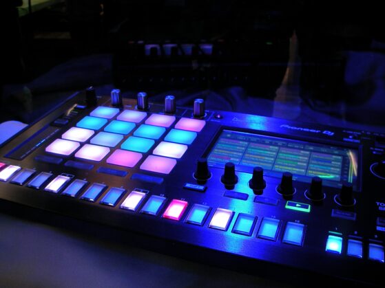 Music technology drum pad, lighting up different neon colors.